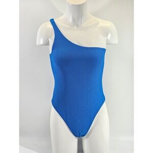 NEW Wolford L One Shoulder Ribbed One Piece Swimsuit Bathing Suit Blue Designer